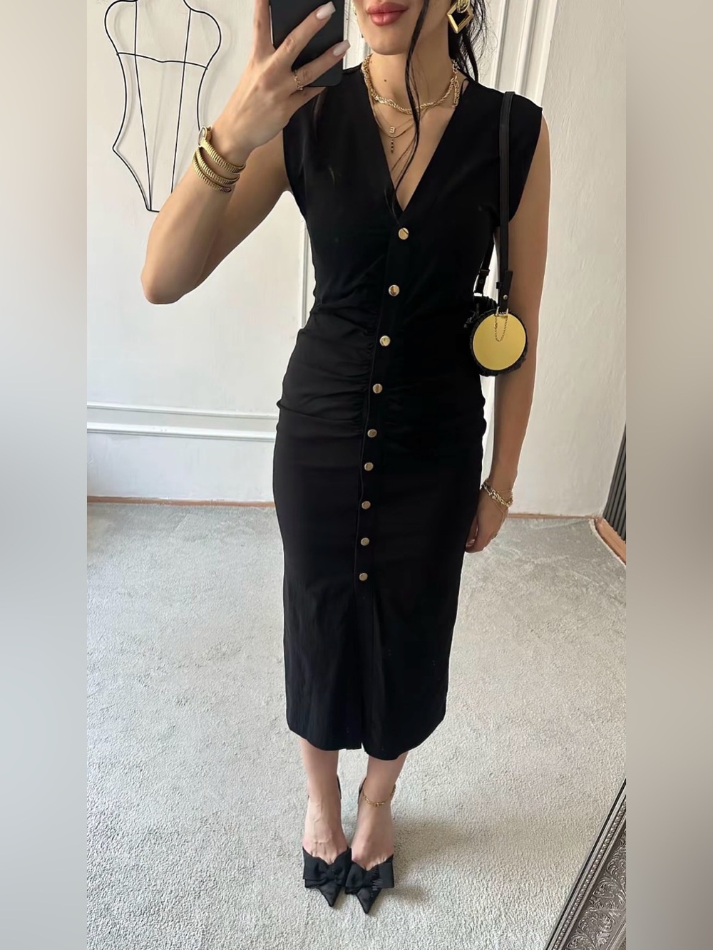 Zara Black Button-Front V-Neck Midi Dress
